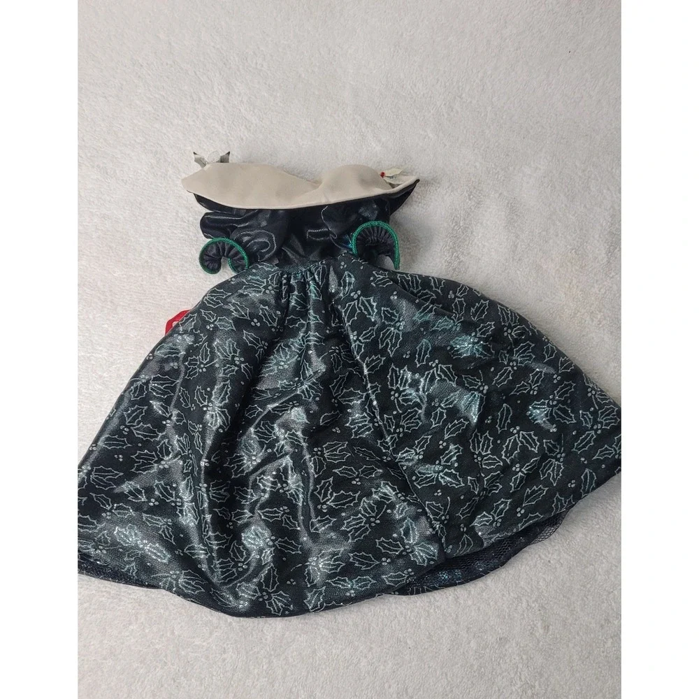 Holiday Doll Dress Green Silver Holly Leaf Pattern Red Ribbon Accent Festive